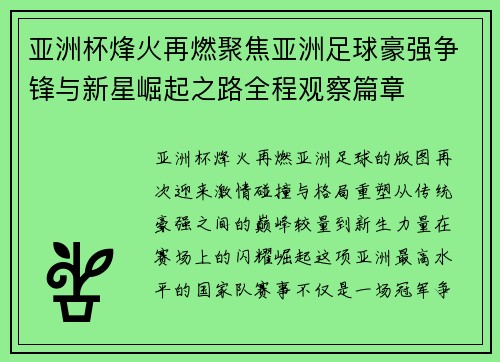 亚洲杯烽火再燃聚焦亚洲足球豪强争锋与新星崛起之路全程观察篇章
